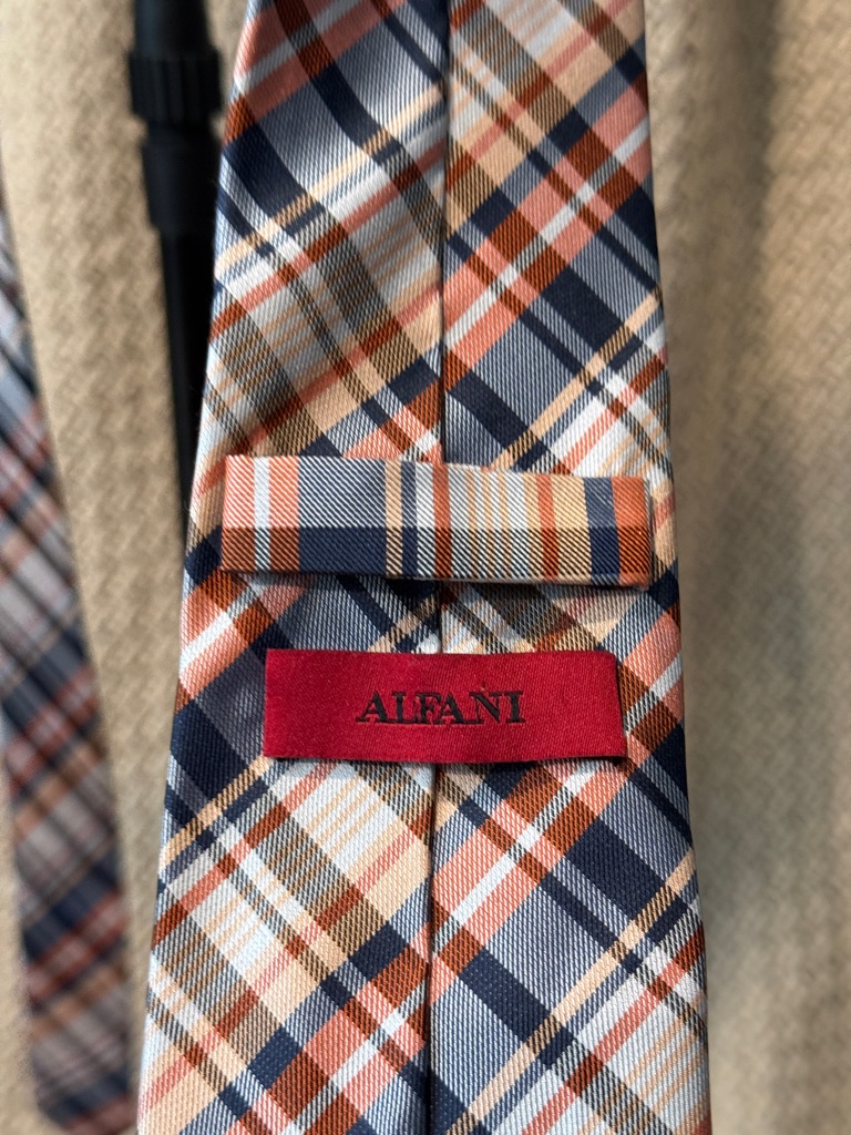 Alfani Navy, Orange & Cream Plaid Silk Tie